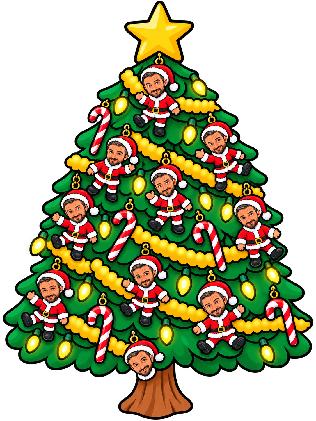 A Christmas tree decorated with little Saint Nick ornaments, candy canes and golden lights
